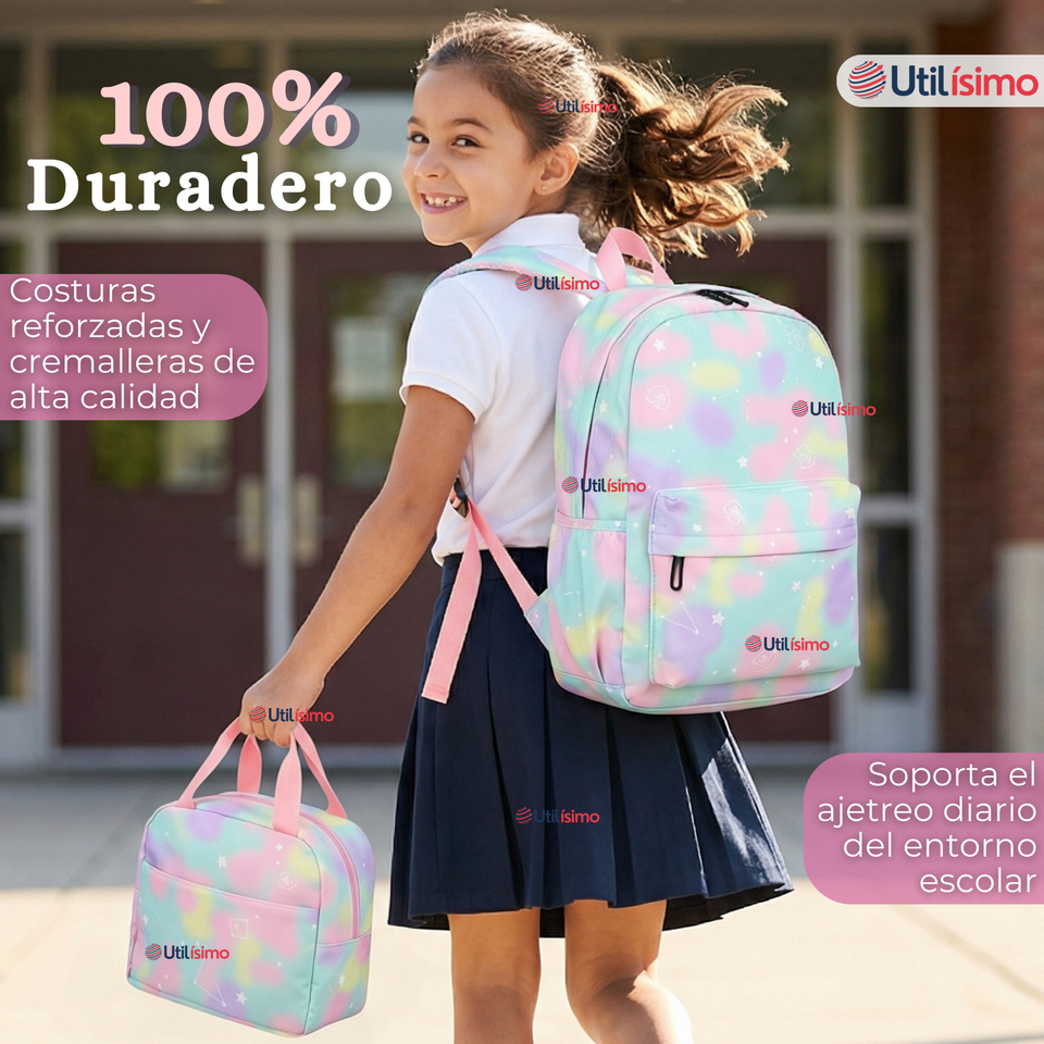 Mochila Escolar + Estuche + Lonchera 40cm Tela Oxford Verde Agua Niña