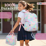 Mochila Escolar + Estuche + Lonchera 40cm Tela Oxford Verde Agua Niña