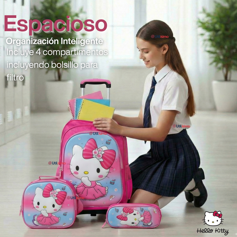Mochila Escolar Hello Kitty Con Ruedas Desmontables + Estuche + Lonchera Niña Poliéster Pink