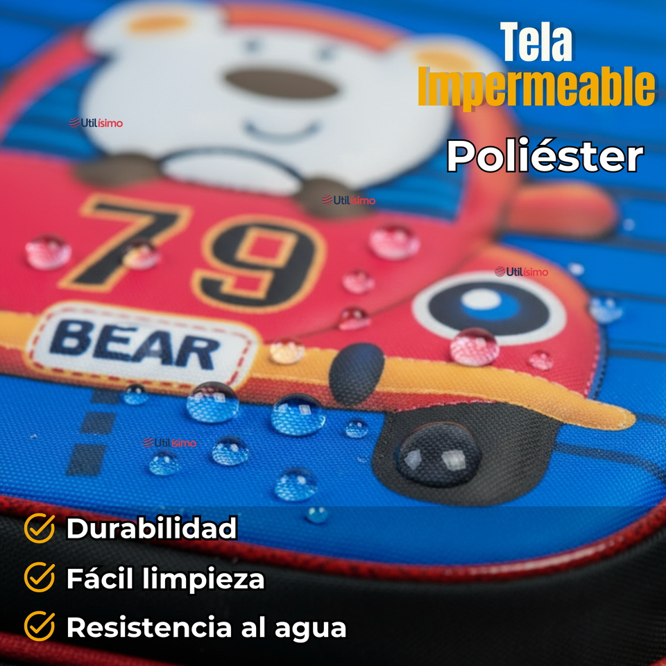 Mochila Escolar Con Ruedas + Estuche + Lonchera Poliéster Oso Niño