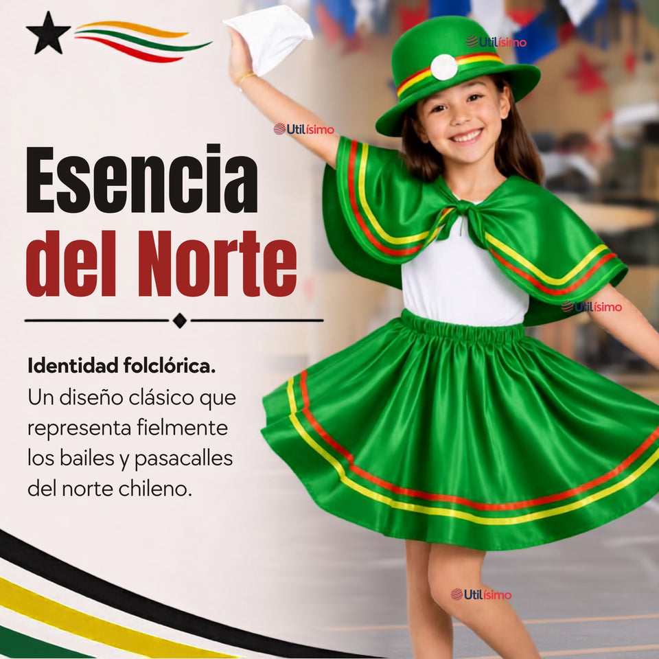 Pack 3 Trajes Nortinos Niña Verde 4 Piezas Con Poleras Baile Típico Fiestas Patrias
