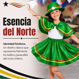 Pack 3 Trajes Nortinos Niña Verde 4 Piezas Con Poleras Baile Típico Fiestas Patrias