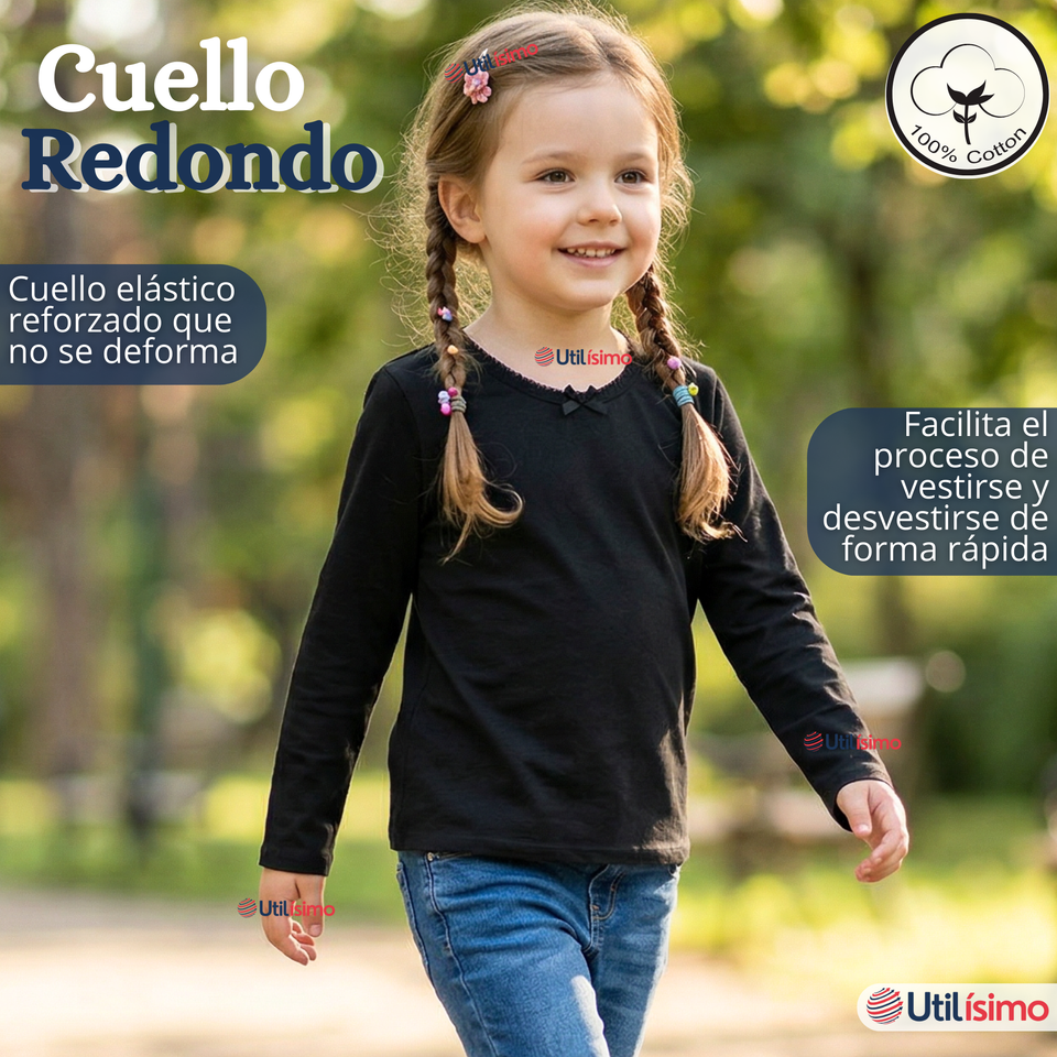 Pack 3 Camisetas Poleras Algodón Cuello Redondo Negra Primera Capa Manga Larga Niña