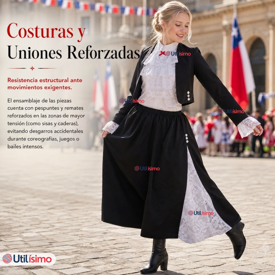 Traje Huasa Elegante Negro Juvenil Conjunto 4 Piezas Tipico Fiestas Patrias