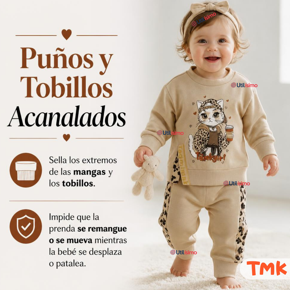 Conjunto 2 Piezas Polerón y Buzo 100% Algodón Tedmimak Bebé Niña Cat Print