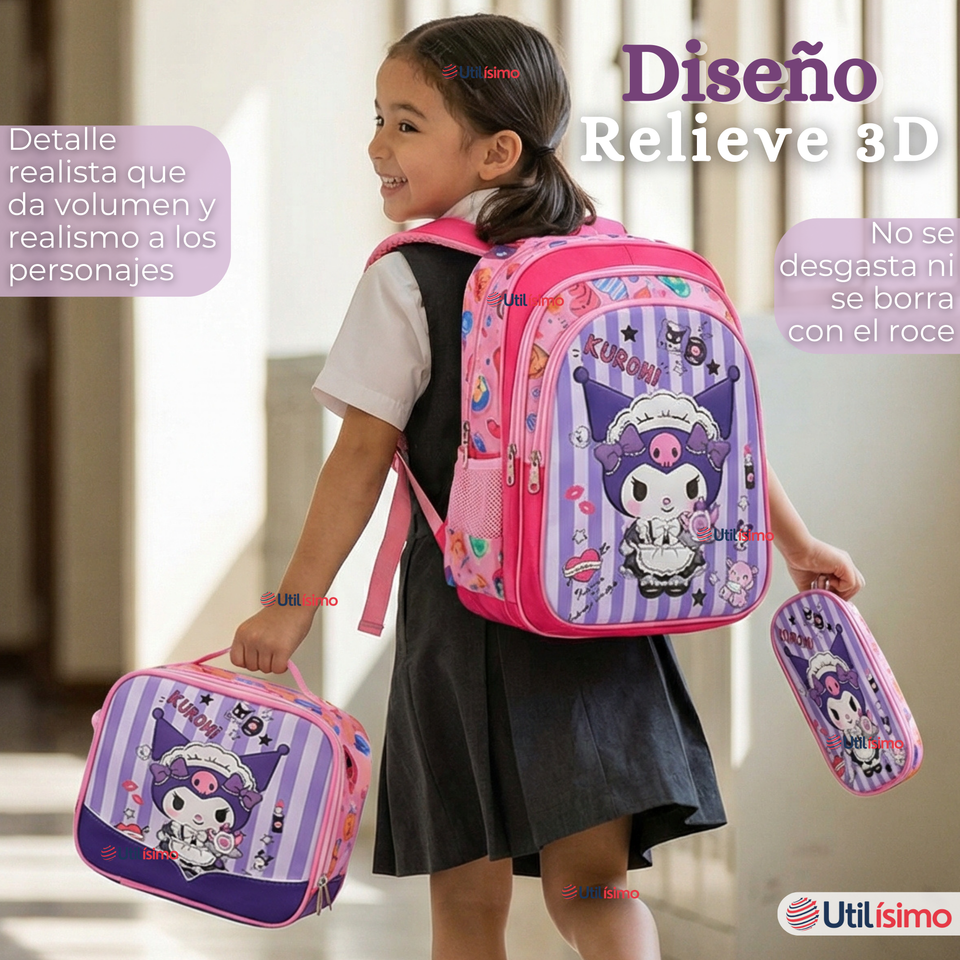 Mochila Escolar Kuromi 3D Con Ruedas Desmontable + Estuche + Lonchera Poliéster Morado Niña