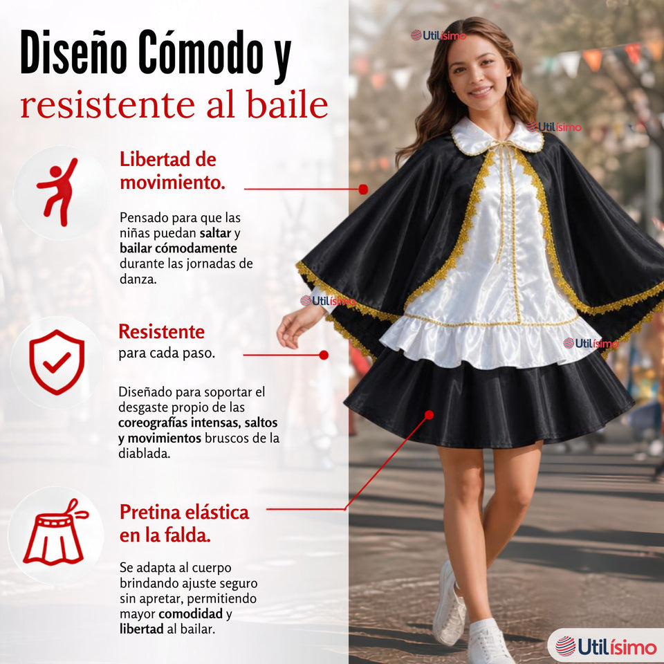 Traje Tirana Diablada Negro 3 Piezas Mujer Baile Típico Fiestas Patrias