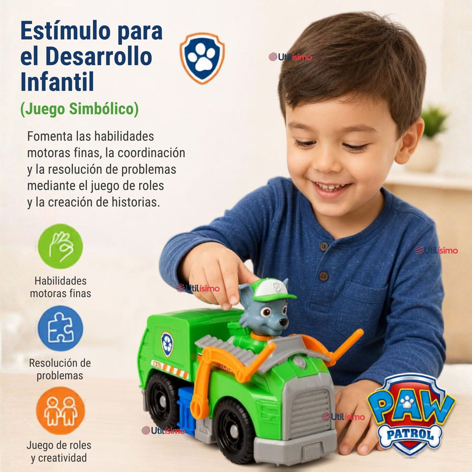 Paw Patrol Camión de reciclaje Rocky con Figura Juguete Niño