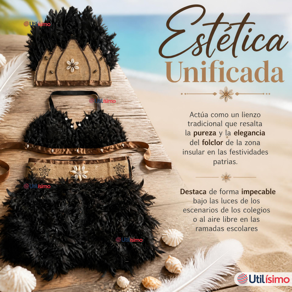Traje Pascuense Típico Negro Con Plumas 3 Piezas Niña Rapa Nui Fiestas Patrias