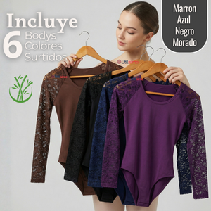 Pack 6 Bodys Cuello Redondo Manga Larga Con Encaje Bambú Mujer Colores Surtidos