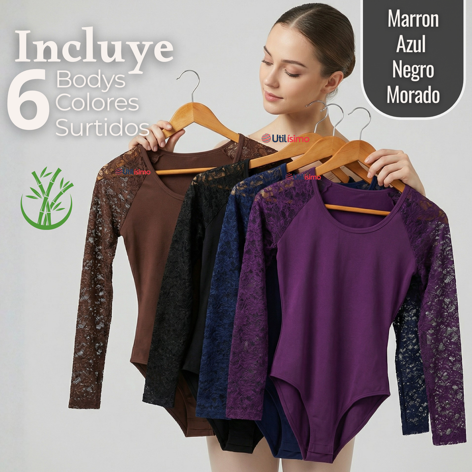 Pack 6 Bodys Cuello Redondo Manga Larga Con Encaje Bambú Mujer Colores Surtidos