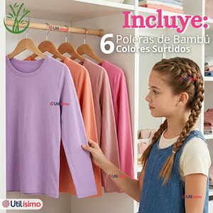 Pack 6 Camisetas Poleras Bambú Cuello Redondo Primera Capa Manga Larga Colores Surtido Niña