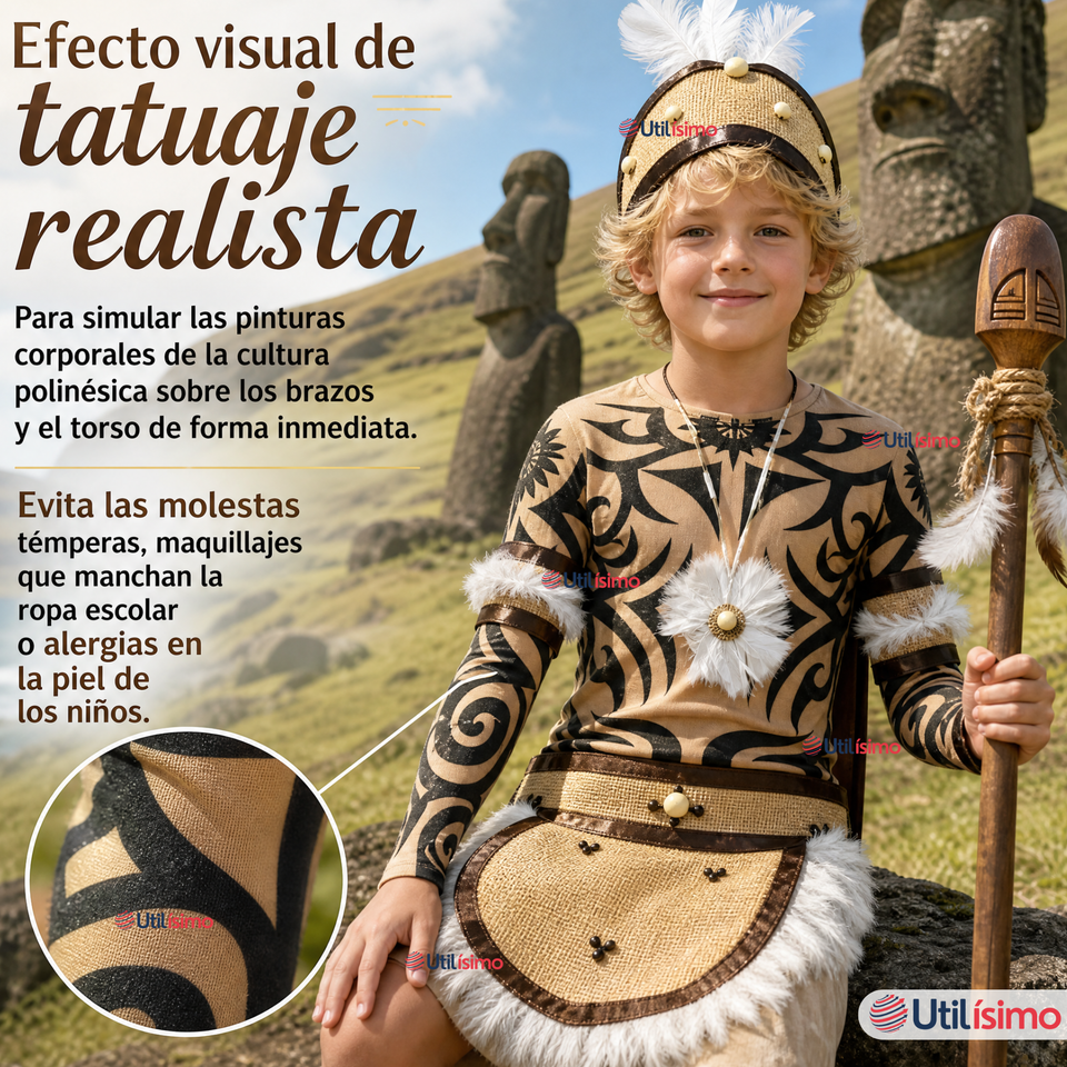 Traje Pascuense Completo 5 Piezas Polera Tatuajes NIño Rapa Nui Fiestas Patrias