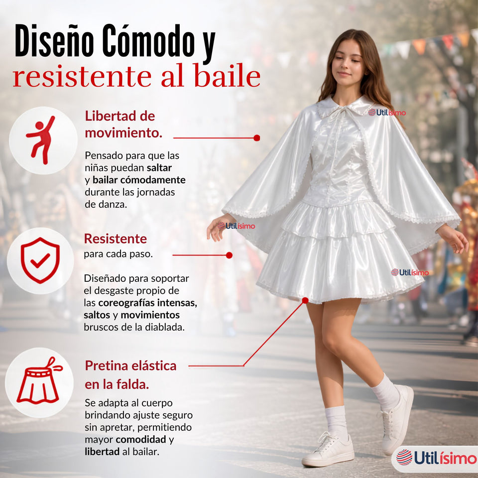 Traje Tirana Diablada Blanco 3 Piezas Juvenil Baile Típico Fiestas Patrias