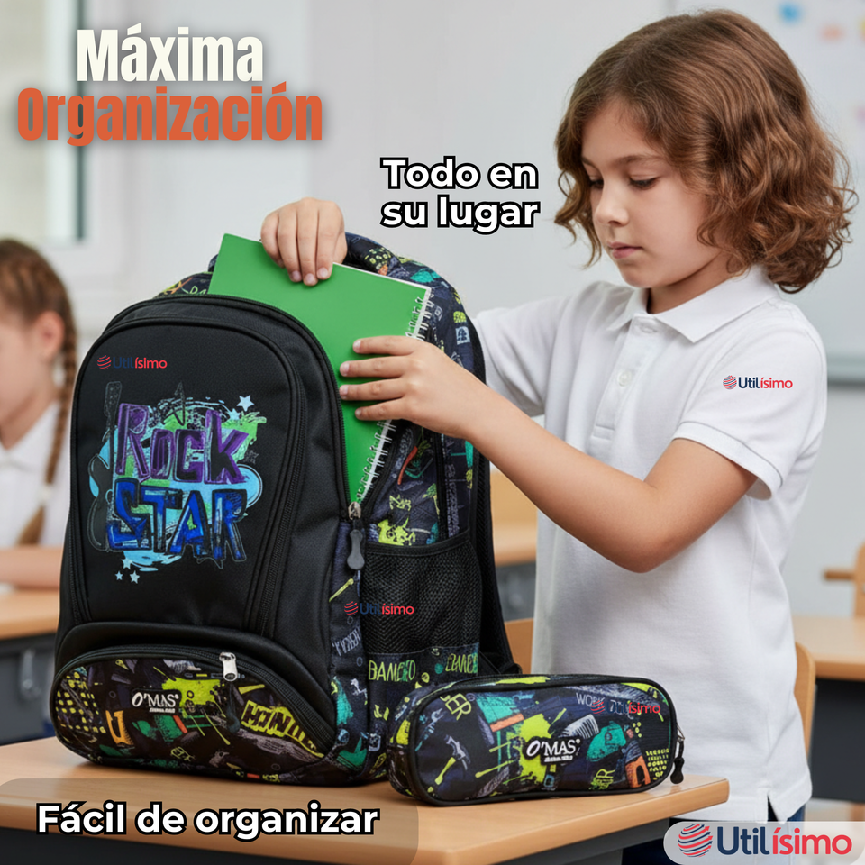 Mochila Escolar Kit Con Estuche y Lonchera 43cm Tela Oxford Rock Star Niño