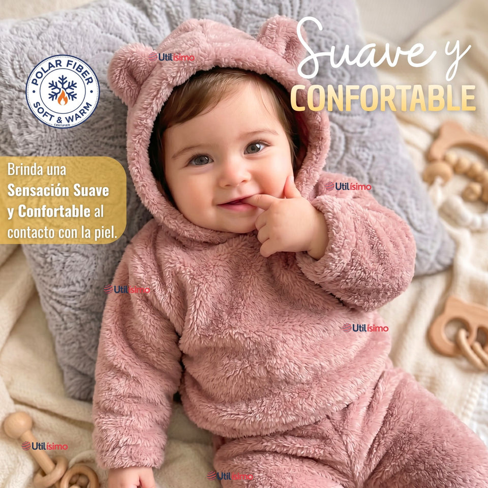 Buzo Polerón Conjunto Polar Niña Capucha Orejitas Rosa