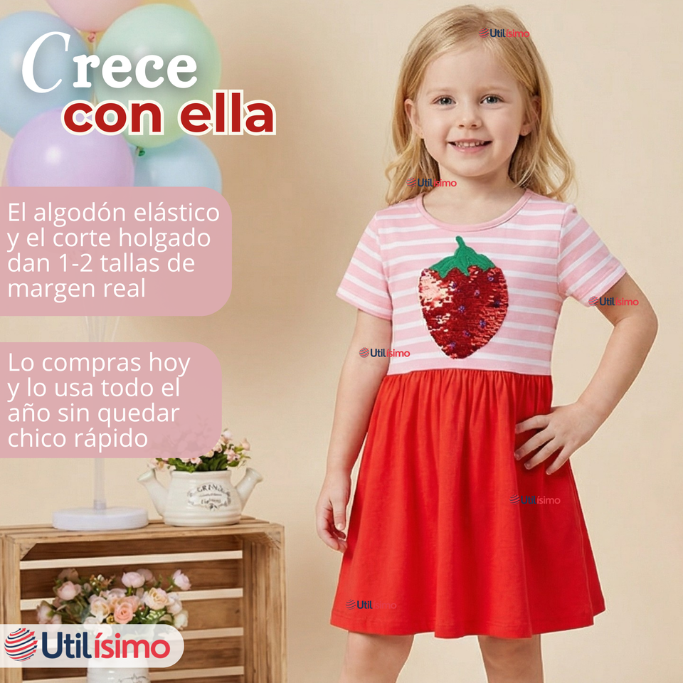 Vestido Manga Corta Casual Rosado Fresa Verano Niña 2 a 7 años