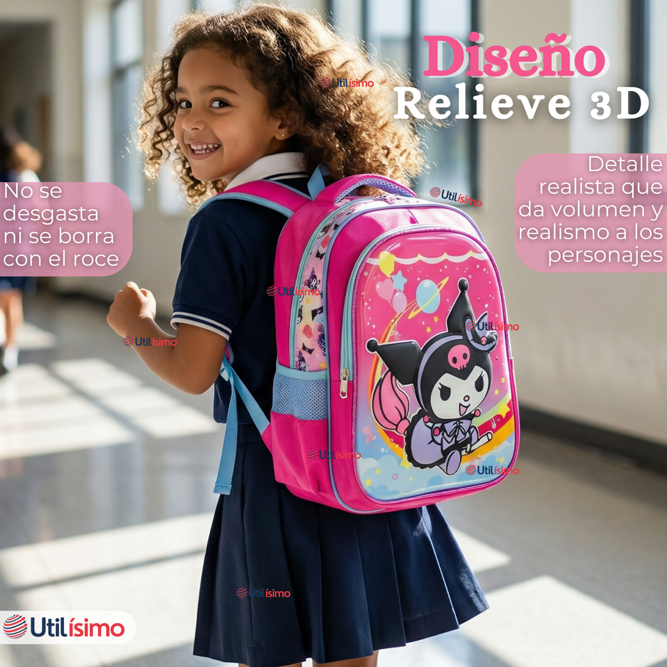 Mochila Escolar Kuromi 3D Con Ruedas Desmontable + Estuche + Lonchera Poliéster Rosa Niña