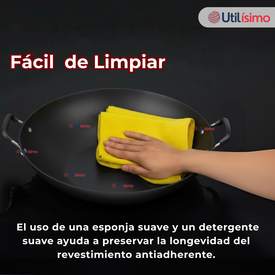 Wok Chino Acero Inoxidable Antiadherente 34cm+ Cuchara de Madera de Bambú
