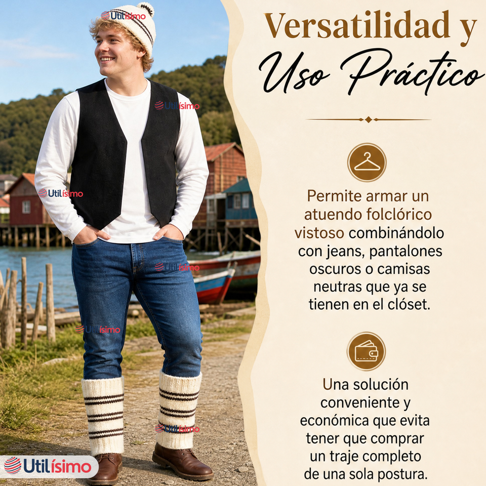 Vestimenta Chilote 3 Piezas Chaleco Gorro Polainas Hombre Fiestas Patrias