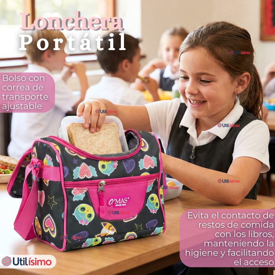Mochila Escolar + Estuche + Lonchera 43cm Tela Oxford Negro Corazones Niña