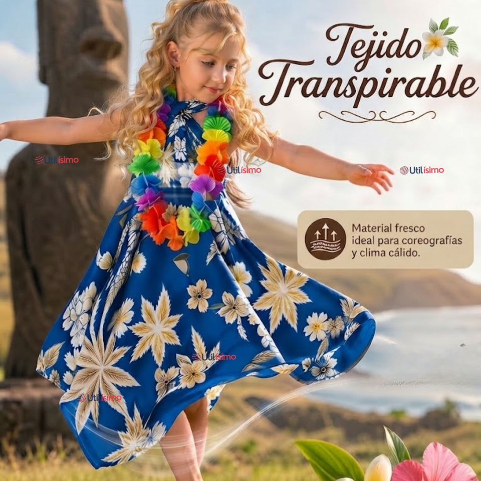 Traje Pareo Pascuense Hawaiano Azul con Collar Niña Fiestas Patrias