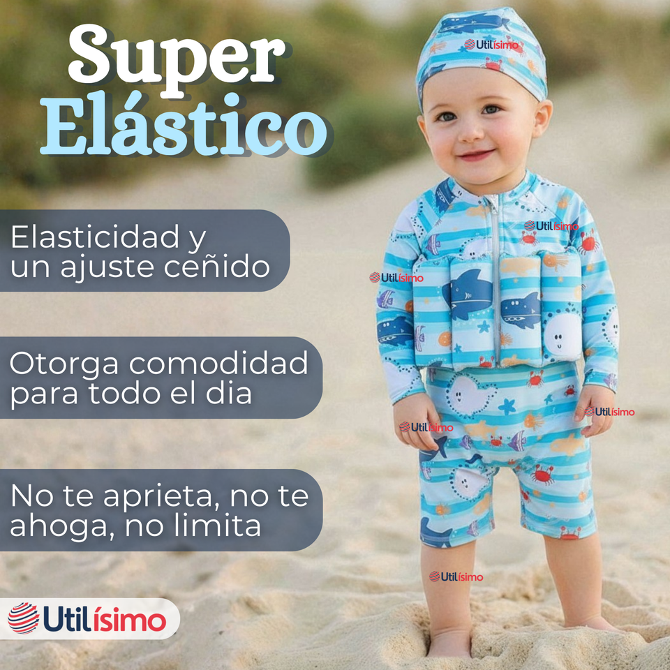 Traje de Baño Flotador Enterito Con Gorro Niño 2 Piezas 9 a 36 Meses Blue Sea