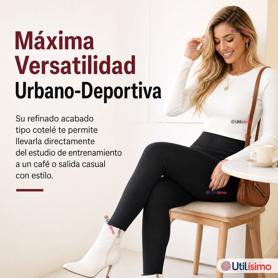 Calza Acanalada Cotelé Polar Con Chiporro Térmica Mujer Elásticada Negra