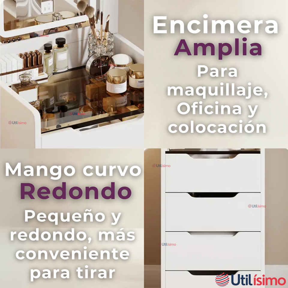 Tocador De Lujo Plegable Con Taburete Y Espejo De luz Ajustable 4 Cajones MDF Blanco  80x40x40cm