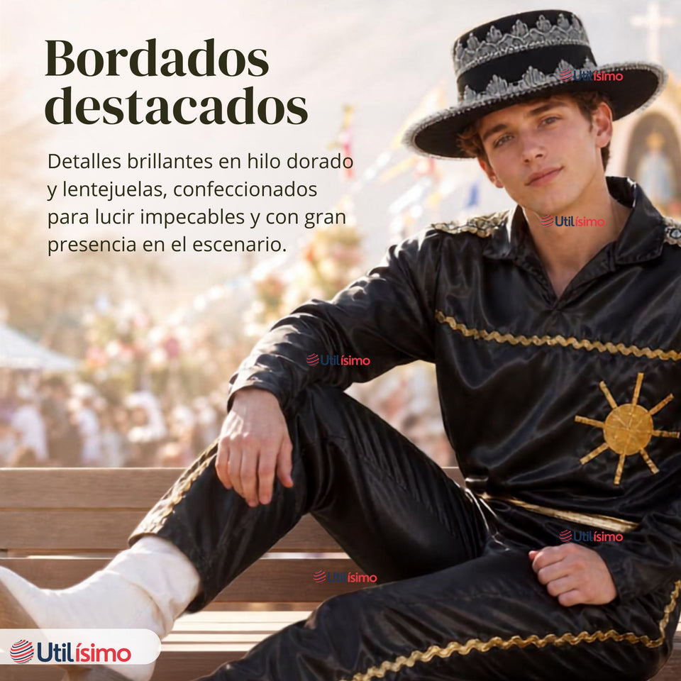 Traje Típico Caporal Negro Con Sombrero Danza Tradicional Fiestas Patrias
