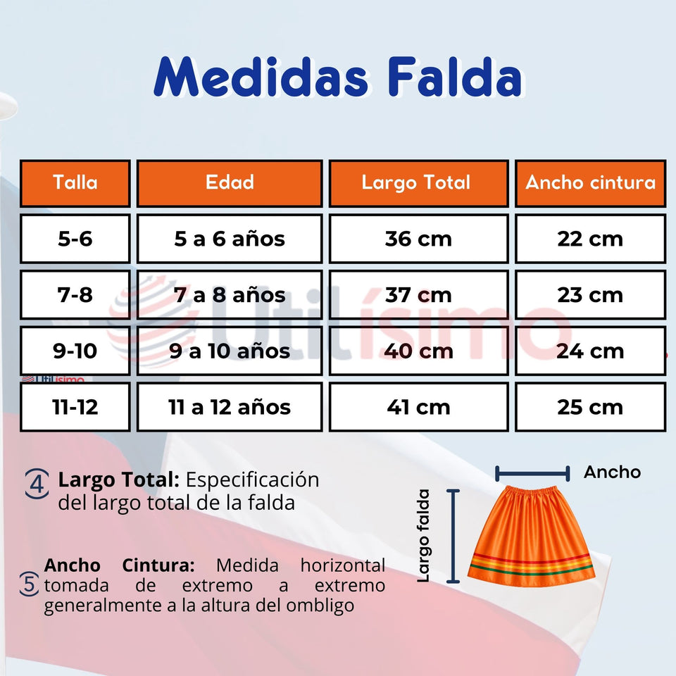 Pack 3 Trajes Nortinos Niña Naranja 4 Piezas Con Poleras Baile Típico Fiestas Patrias