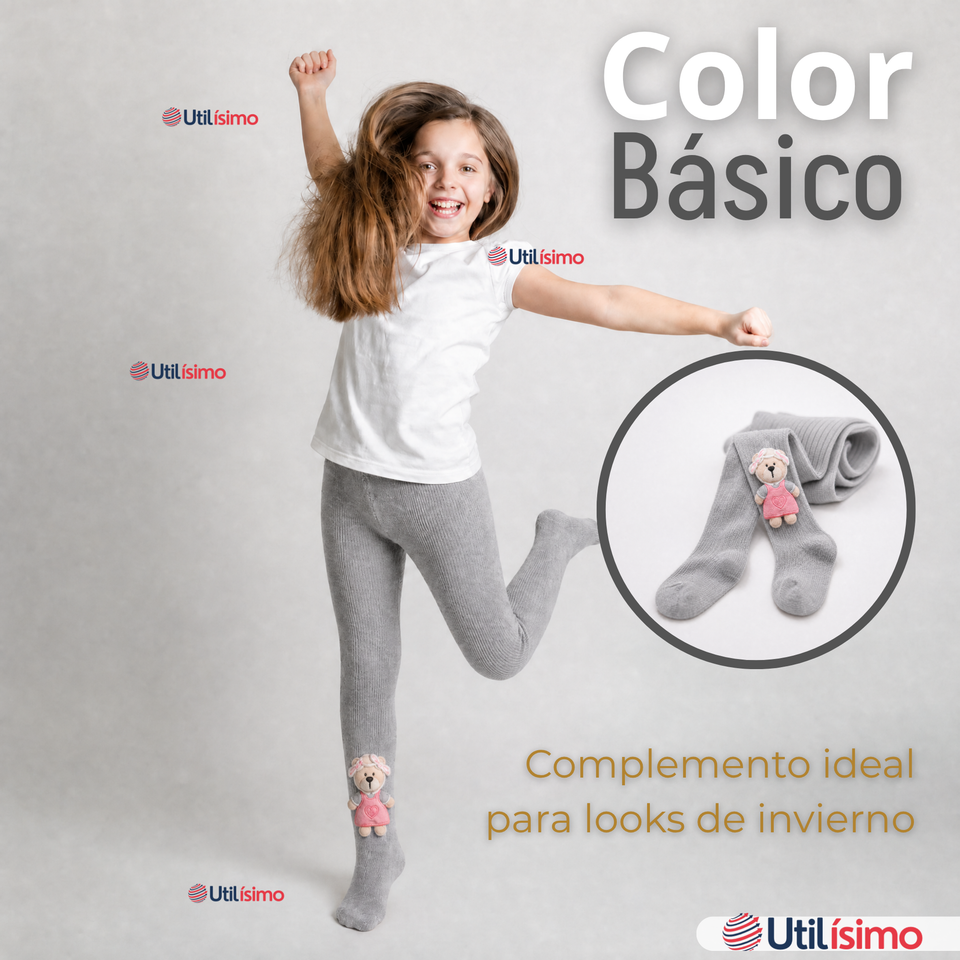 Panty 3D Osito Gris Tejida Niña Ballerina 78% Algodón Premium