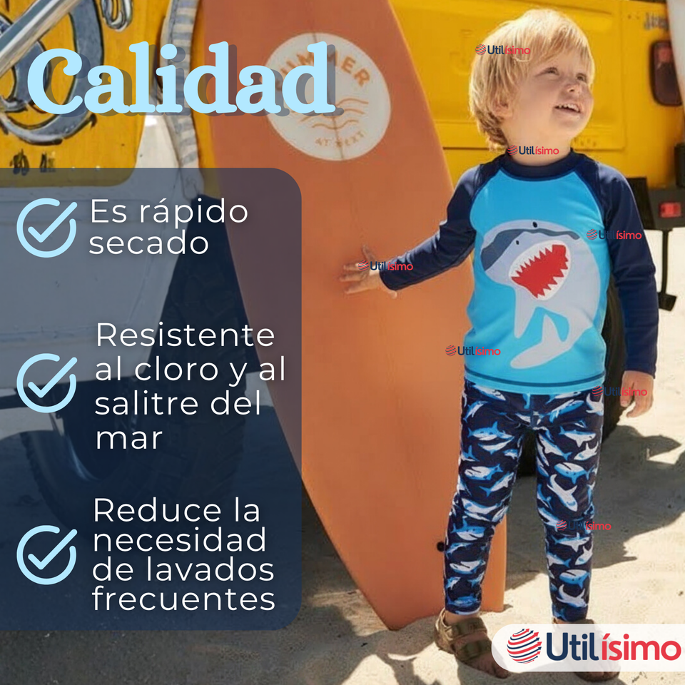 Traje de Baño Manga Larga Pantalón Largo 2 Piezas Corte Split Niño 3 a 11 años Blue Shark