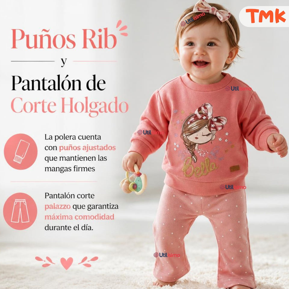 Conjunto 2 Piezas Polerón y Pantalón 100% Algodón Tedmimak Bebé Niña Beautiful pink