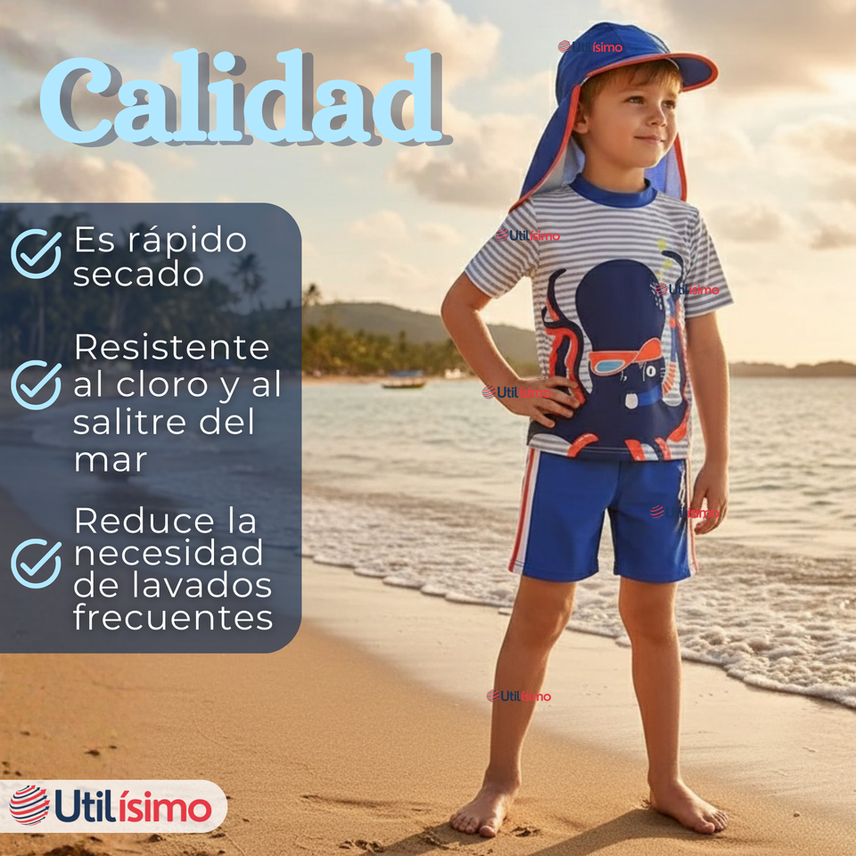Traje de Baño Con Gorro Pantalón Corto Manga Corta 3 Piezas Corte Split Niño 1 a 5 años Blue Octopus