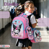 Mochila Escolar Kuromi 3D Con Ruedas Desmontable + Estuche + Lonchera Poliéster Rosa Niña
