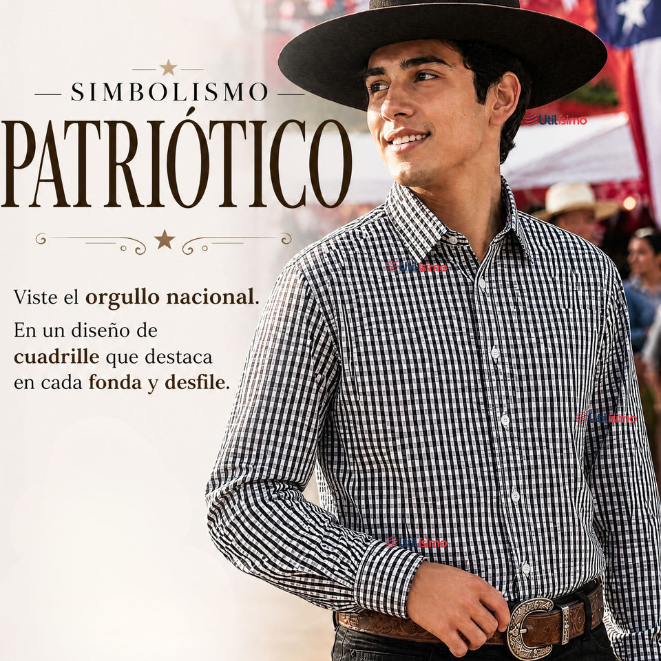 Camisa Cuadrille Huaso Hombre Blanco Azul  Regular Fit Fiestas Patrias