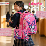 Mochila Escolar Kuromi 3D Con Ruedas Desmontable + Estuche + Lonchera Poliéster Rosa Niña