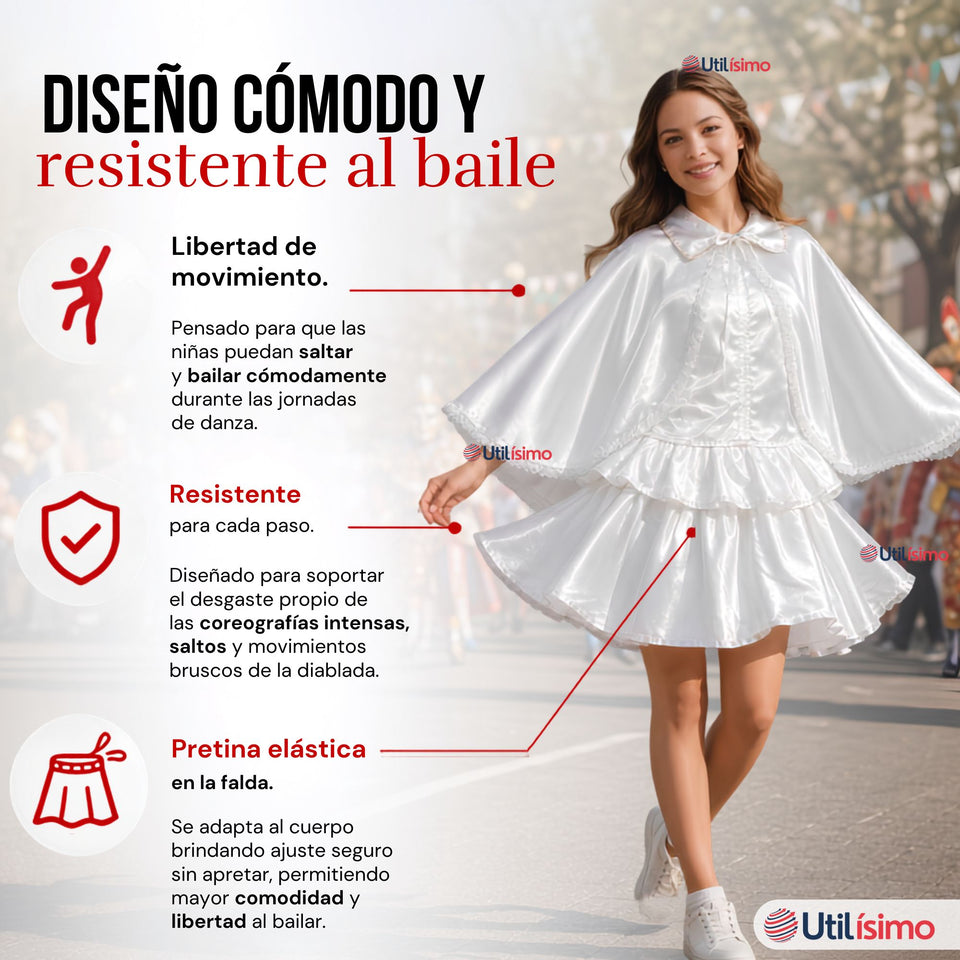 Traje Tirana Diablada Blanco 3 Piezas Mujer Baile Típico Fiestas Patrias