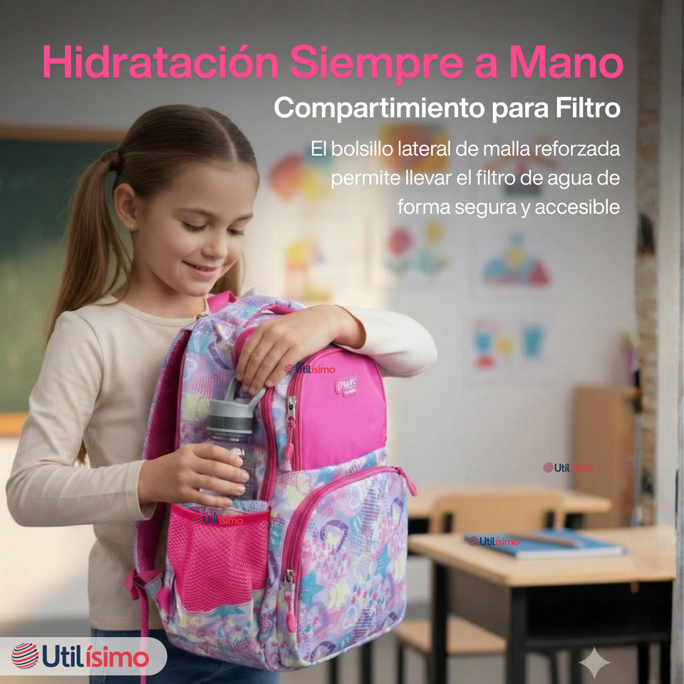 Mochila Bolso Escolar + Estuche + Lonchera 43Cm Niña Tela Oxford Pastel Dreams