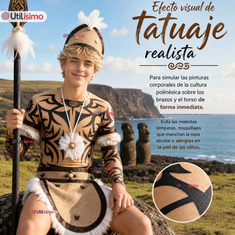 Traje Pascuense Completo 5 Piezas Polera Tatuajes Juvenil Rapa Nui Fiestas Patrias