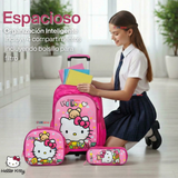 Mochila Escolar Hello Kitty Flowers Con Ruedas Desmontables + Estuche + Lonchera Niña Poliéster