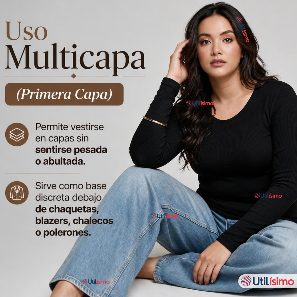 Camiseta Polera Polar Primera Capa Acanalada Reductora Manga Larga Negra Mujer