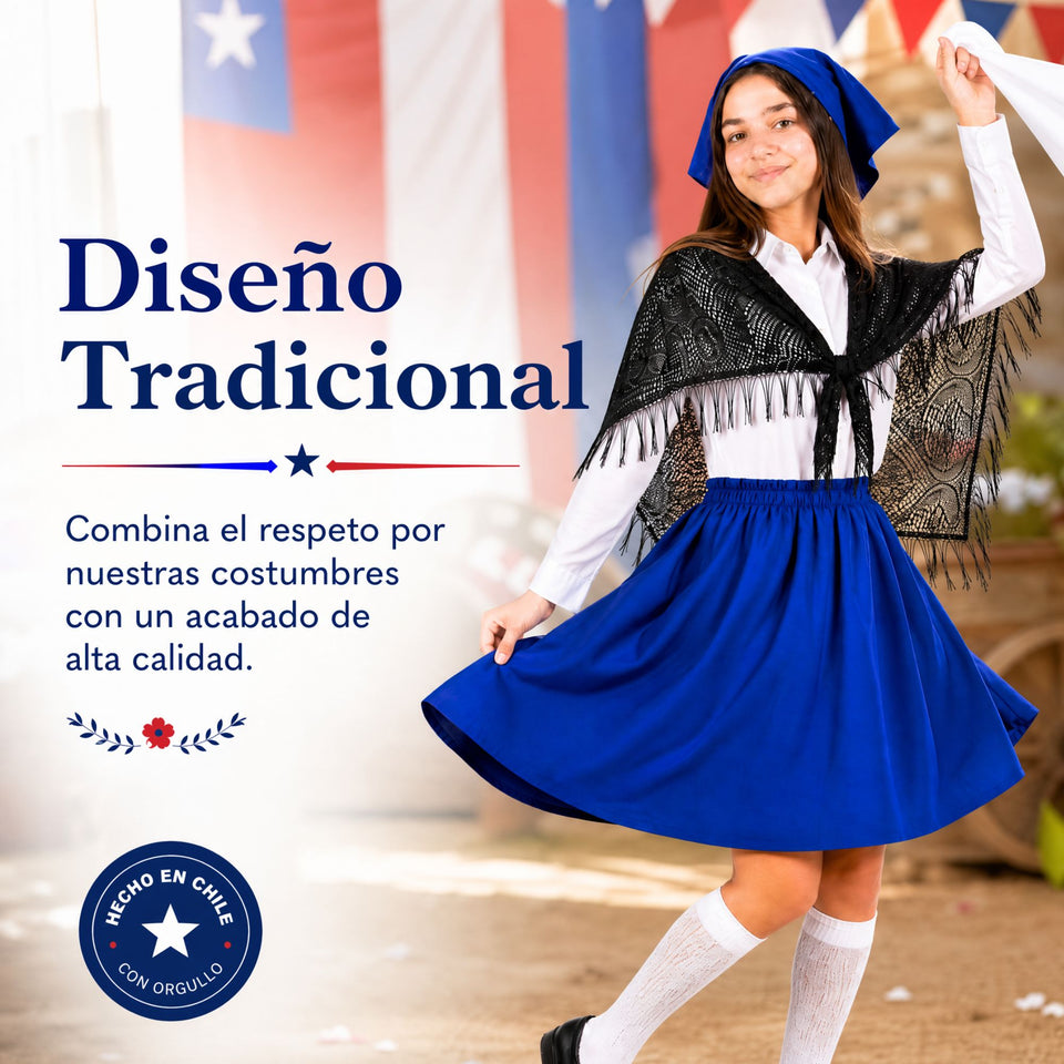 Traje Chilote Juvenil Azul Fiestas Patrias 3 Piezas Tradicional Chilota