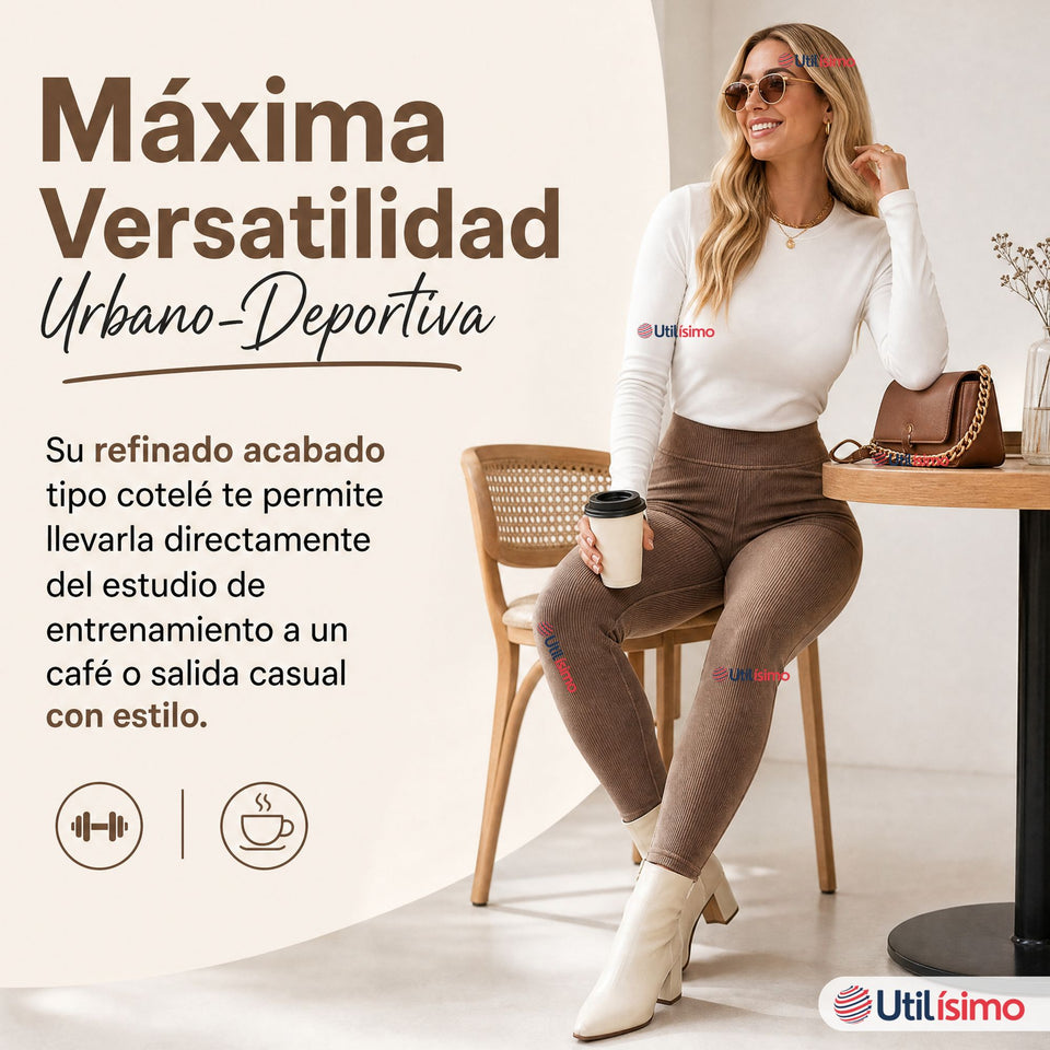 Calza Acanalada Cotelé Polar Con Chiporro Térmica Mujer Elásticada Café