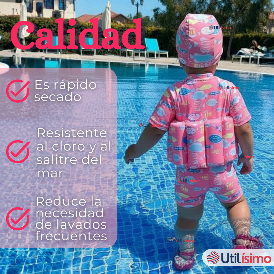 Traje de Baño Flotador Enterito Con Gorro Niña 2 Piezas 9 a 36 Meses Pink Sea