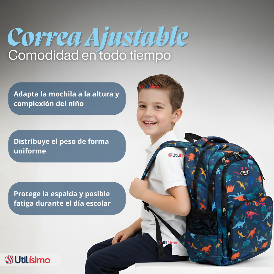 Mochila Bolso Escolar + Lonchera + Estuche 45Cm Niño Tela Oxford Dinosaur