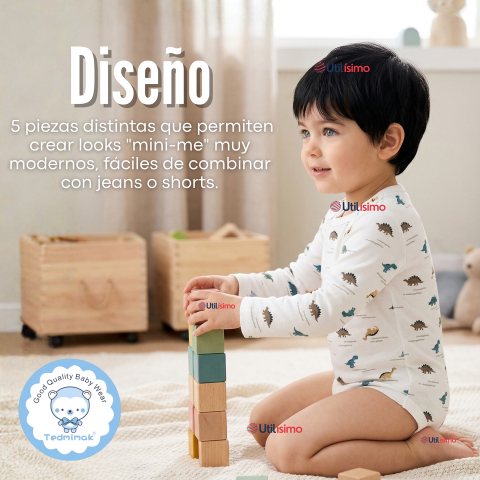 Pack 5 Bodys Manga Larga 100% Algodón Bebé Niño Dino Aventure