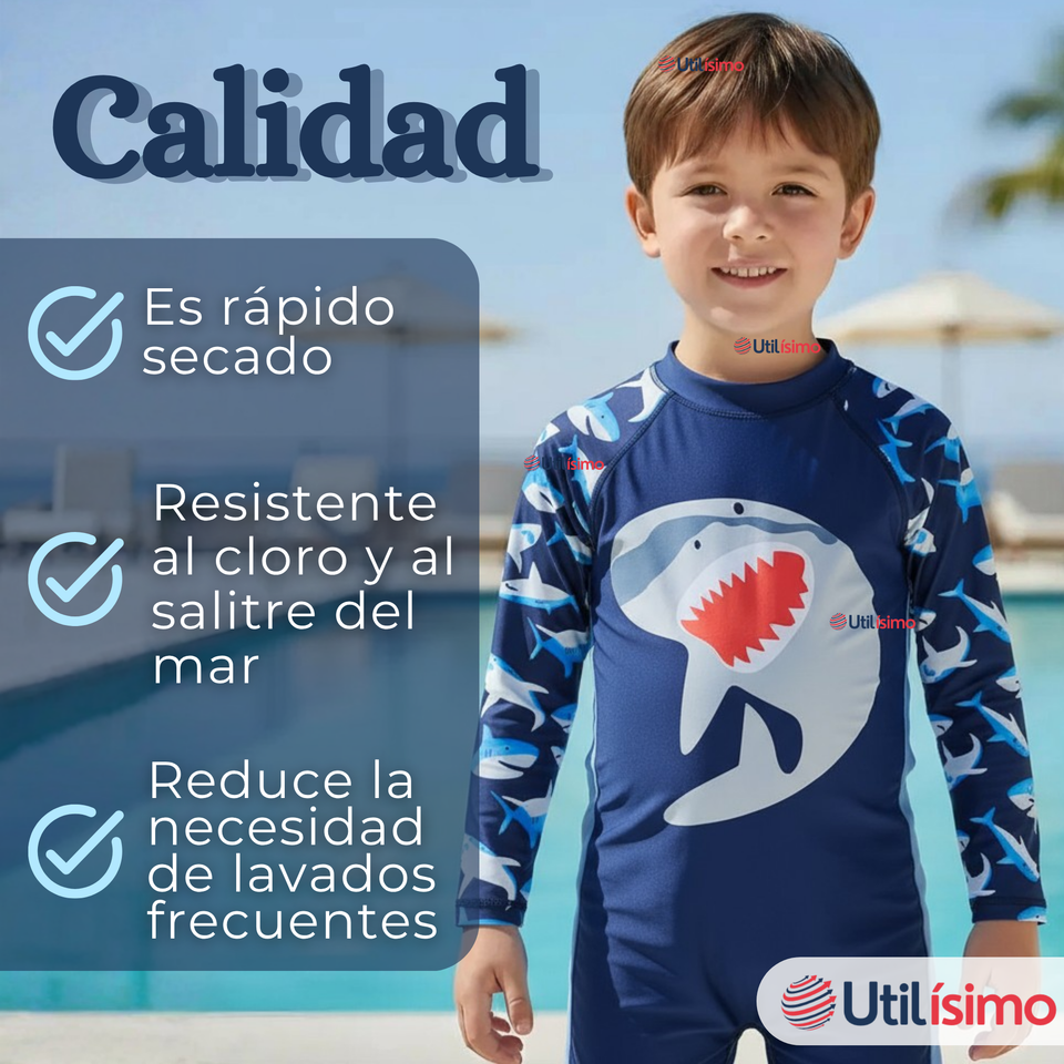 Traje de Baño Enterito Con Cremallera Manga Larga Niño 2 a 6 años Blue Shark