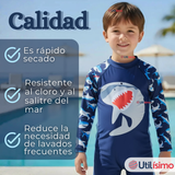 Traje de Baño Enterito Con Cremallera Manga Larga Niño 2 a 6 años Blue Shark